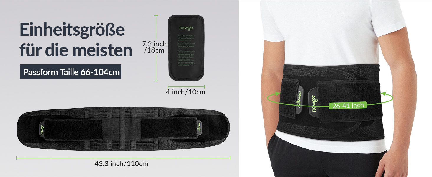 Verstellbarer Rückenstützgurt στο Schwarz mit Größenangaben von 66—104 cm Breite και 10 cm Höhe. Συμπεριλαμβανόμενο Messdiagramm