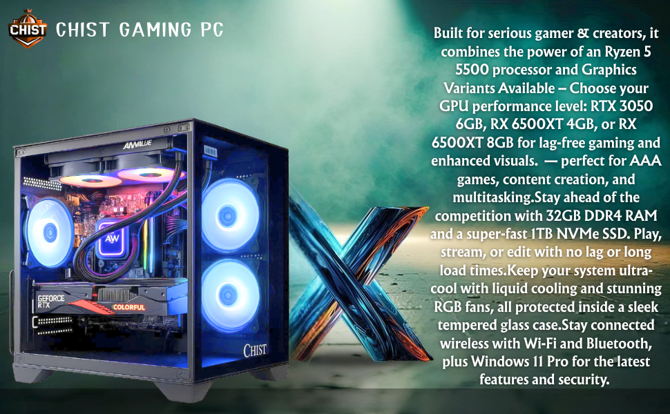 CHIST Gaming Desktop PC, AMD Ryzen 5 5500, 32GB DDR4, 1TB Nvme SSD, RTX 3050 6GB, Liquid Cooling With RGB Fans Wi-FI Bluetooth,Windows 11 Pro. 25 5500