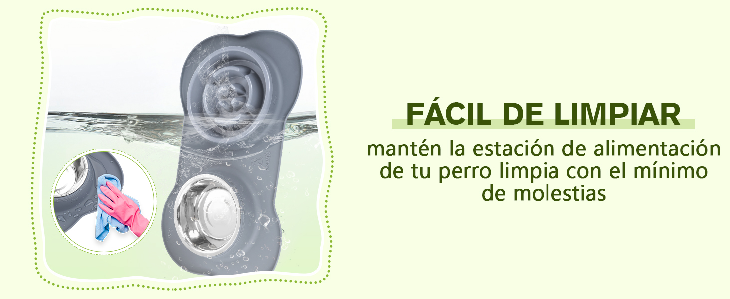 con dos cuencos redondos. El texto en español indica que es fácil de limpiar y mantiene un área de alimentación ordenada para las mascotas