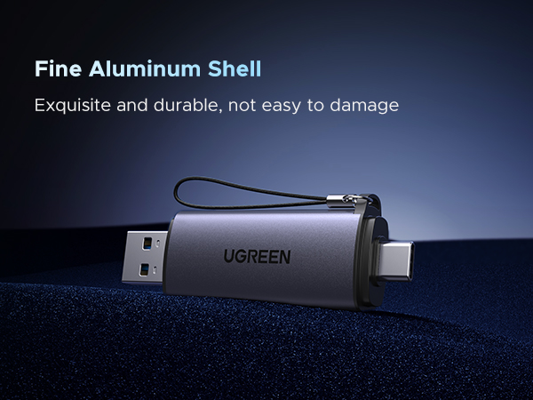 UGREEN USB device with aluminum shell, described as 'Fine Aluminum Shell' that's 'Exquisite and durable, not easy to damage'.