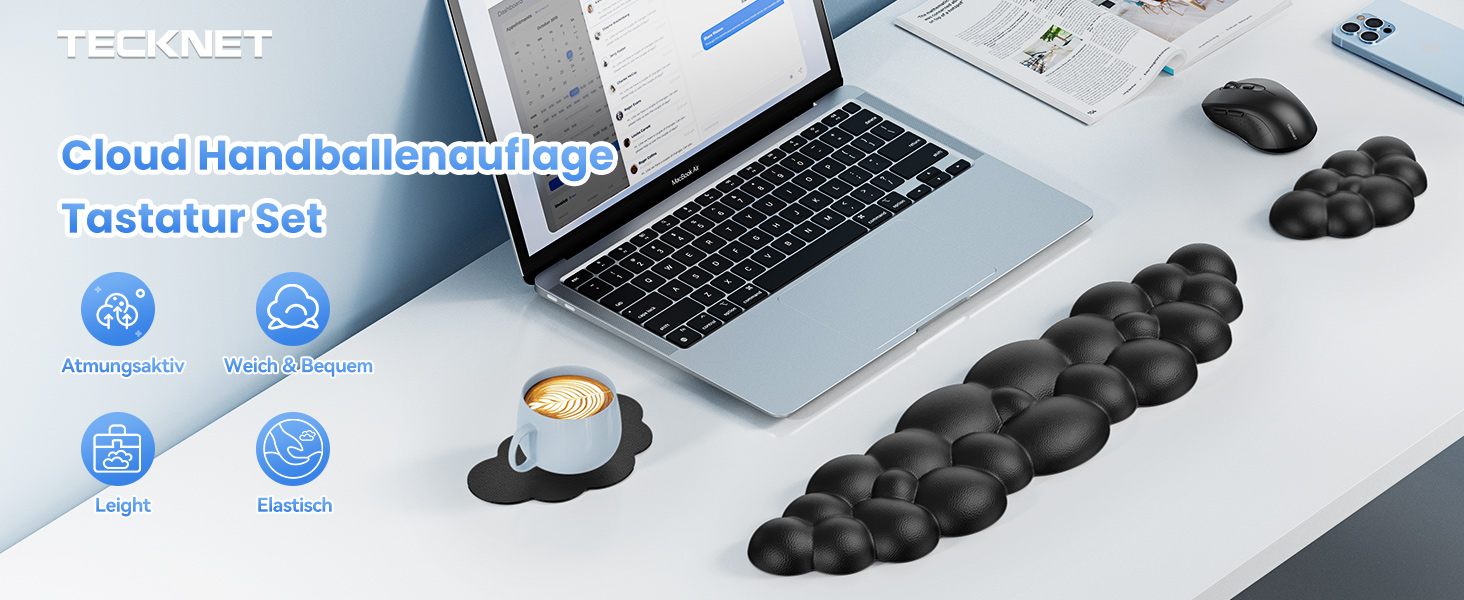 Der Text lautet „FLESHIE T“ und „Cloud HandbelleRobot TM“. Mehrere technische Geräte, darunter Laptops, Smartphones und Zubehör, sind auf einer hellen Oberfläche mit Steckdosenleisten angeordnet.