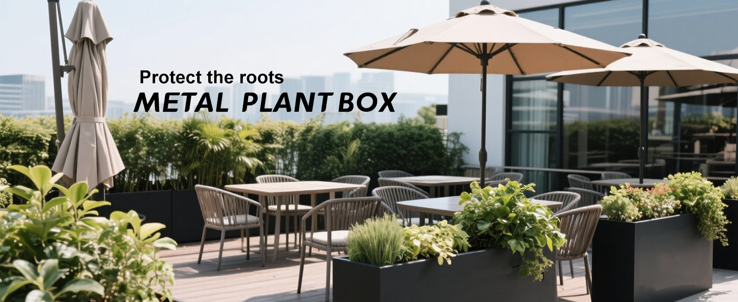 Stylish metal planter box—elevate your space while protecting plant roots with durable design.