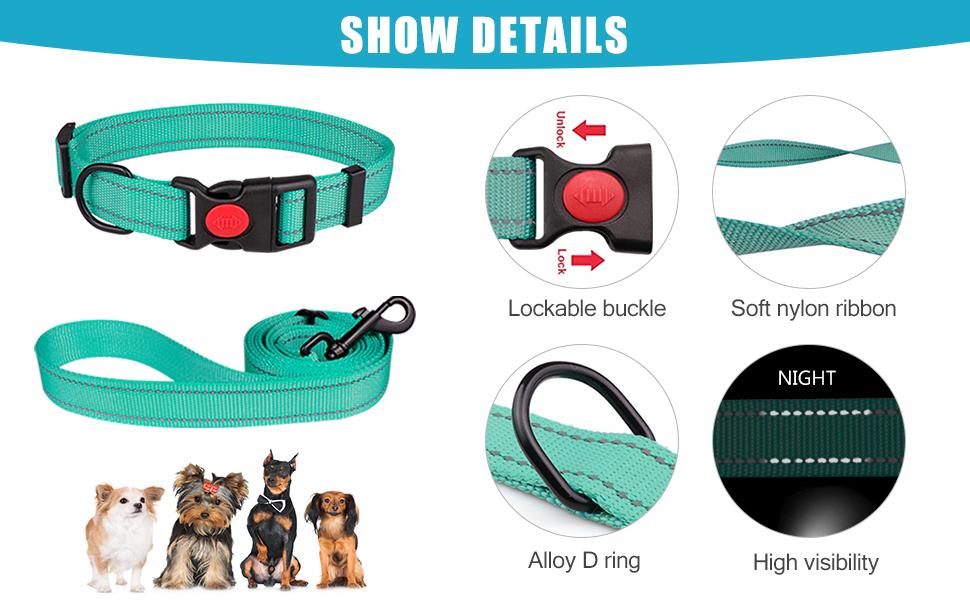 Reflective Dog Collar and Leash Set with Safety Locking