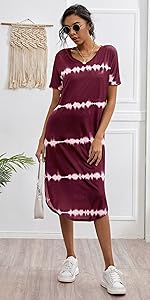 Milumia Women's Casual V Neck Short Sleeve Split Curved Hem Straight Midi T Shirt Dress 