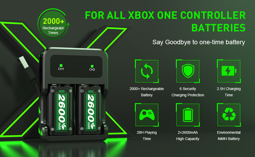 Battery for Xbox One/Xbox Series X/S Controller, 2 * 6240mWh(2x2600mAh