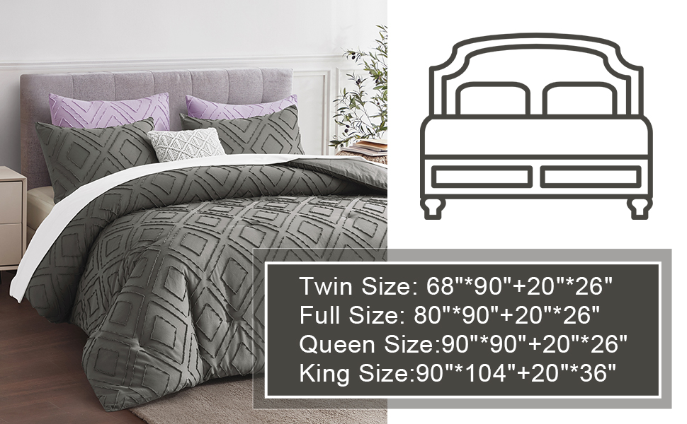 FROHAUL Boho Queen Comforter Set,Grey Rhombus Tufted Queen
