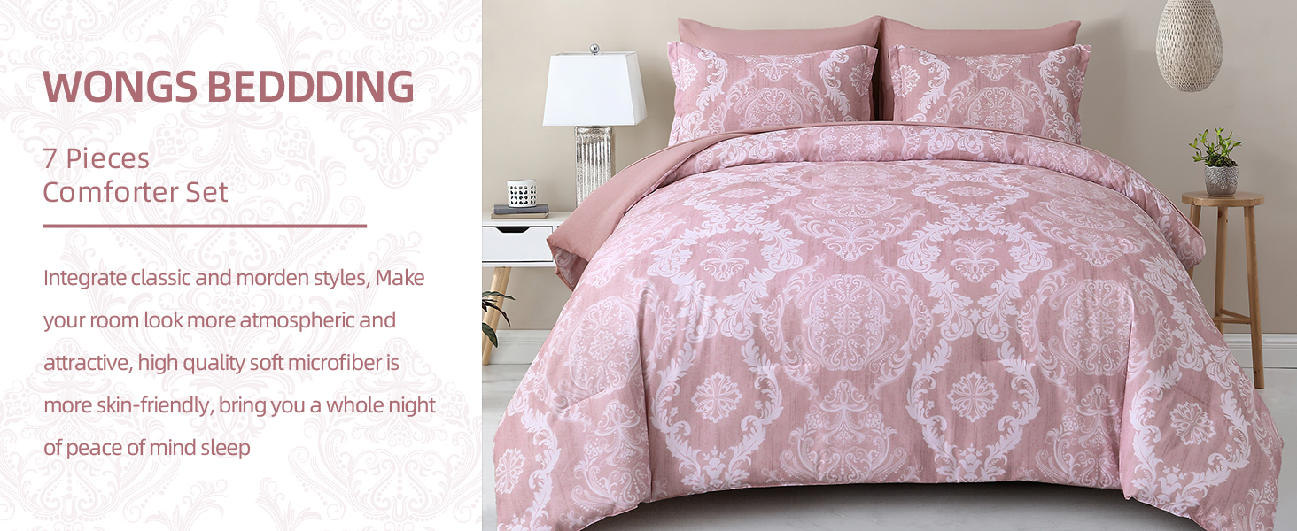 WONGS BEDDING Comforter Set King Size, Pink Damask Texture