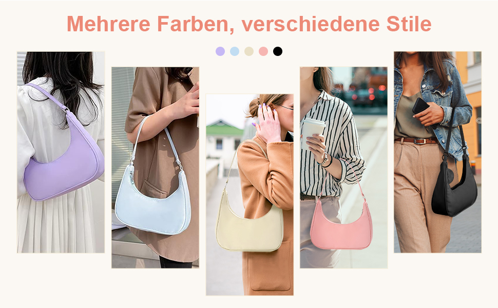 Collection of fashion handbags in various colors and styles, including purple, brown, beige, striped, and black options. German text overlay.