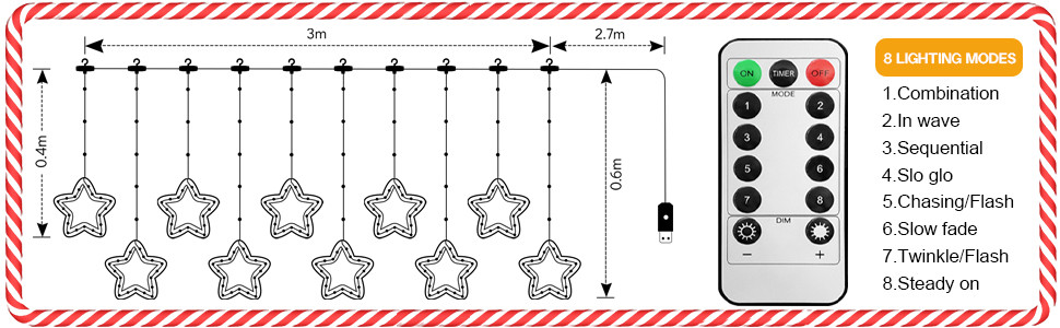 Star-shaped string light diagram showing 3.5m length. Remote control with 8 lighting modes including combination, waves, sequential, and flash patterns.