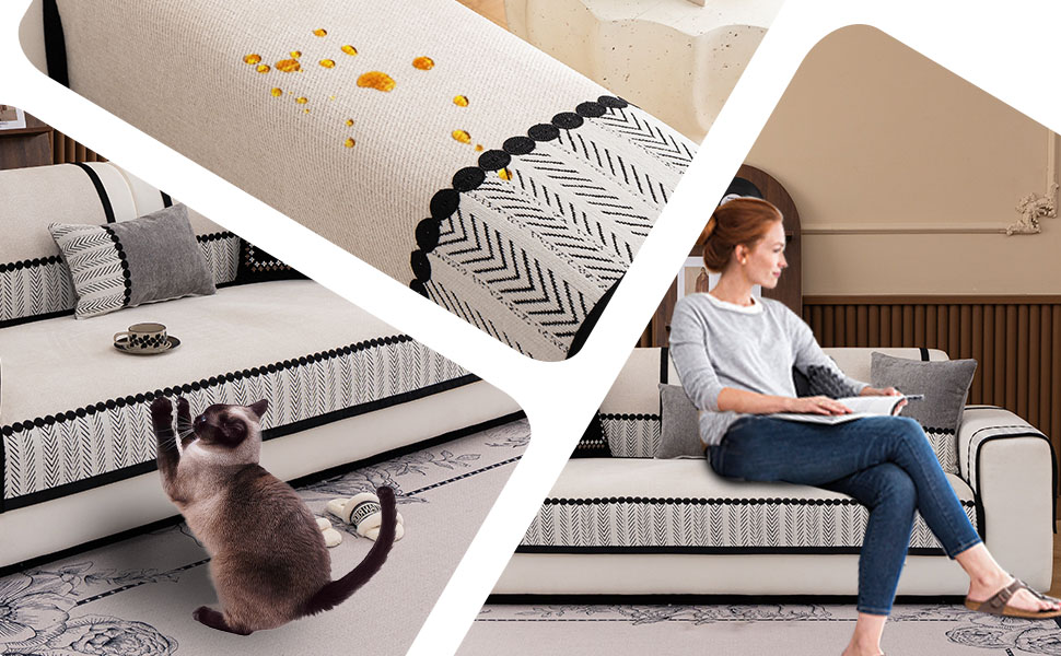 Collage showing synthetic fur rug in multiple settings, with text: 'Alfombra de piel sintética Furry'. Large fluffy white rug shown with specifications including 10cm pile height and 100% polyester material.