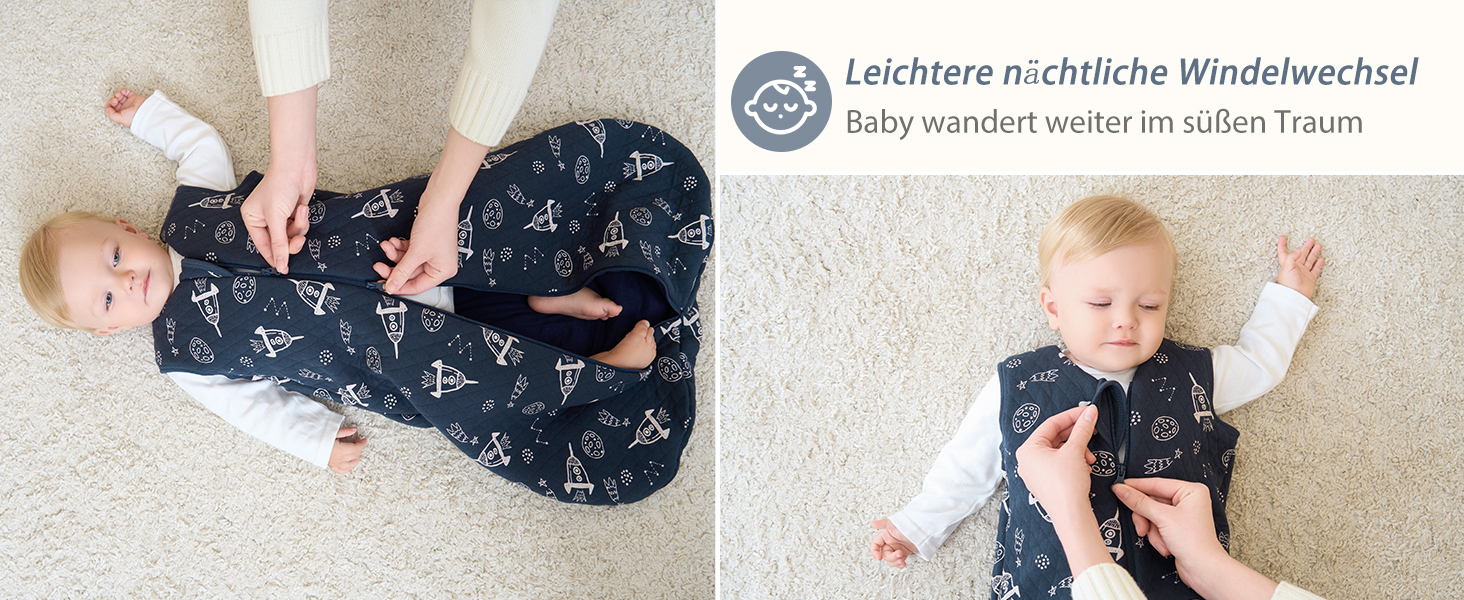 Geteiltes Bild eines Babys, das einen Schlafsack mit Sternenmuster trägt. Links zeigt die Hände eines Erwachsenen beim Windelwechsel, rechts den Oberkörper und die Arme des Babys
