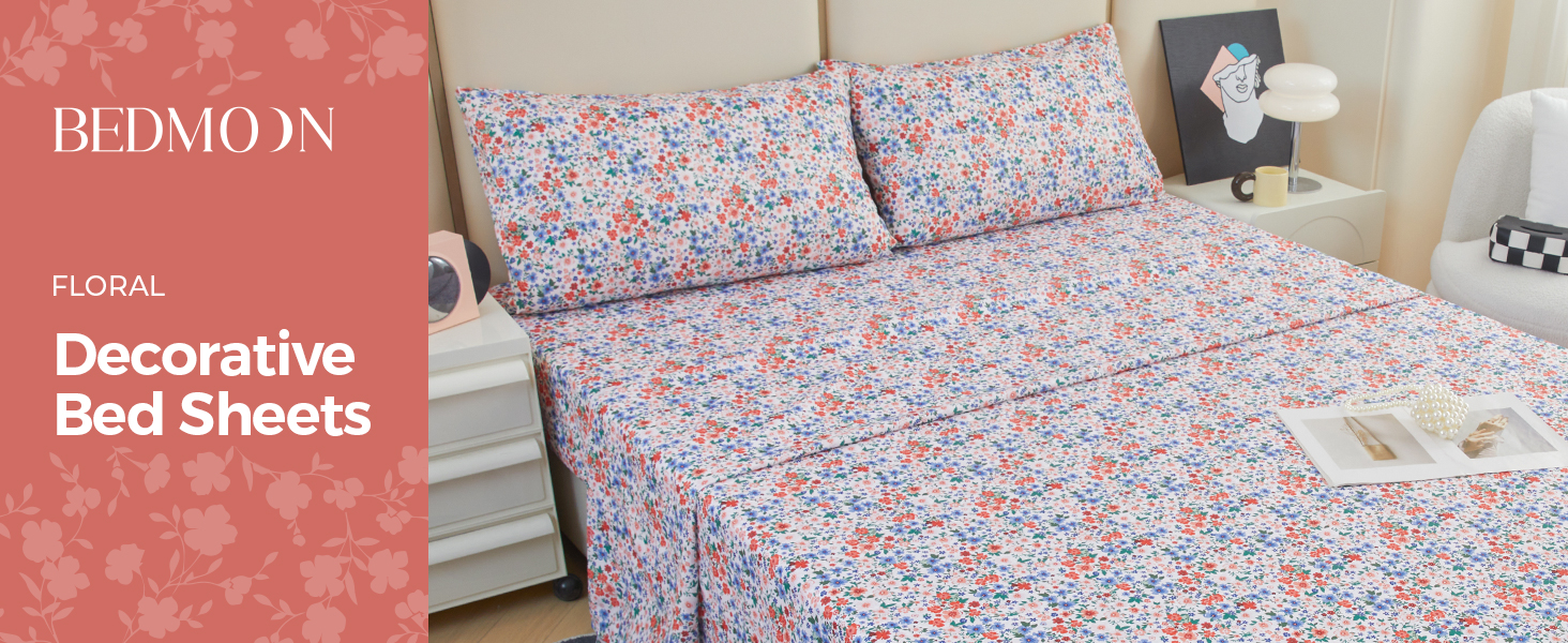 Bedmoon Twin Floral Sheets, Red Blue Pink Flower Sheets