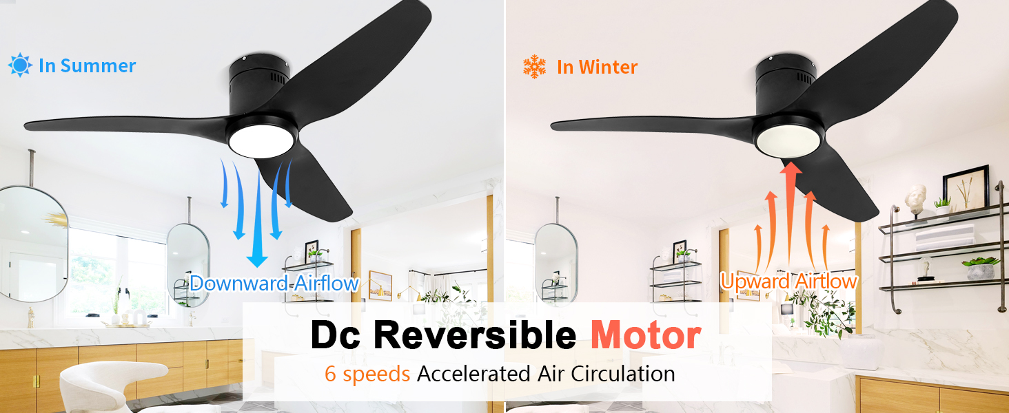 Ceiling fan with silent DC 6-speed reversible motor, reversible for winter and summer use