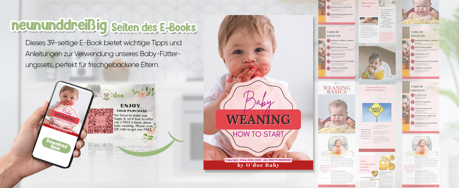 Weaning guide product featuring smartphone app, book, and infographics. Shows baby eating and various food icons. Text in German visible.