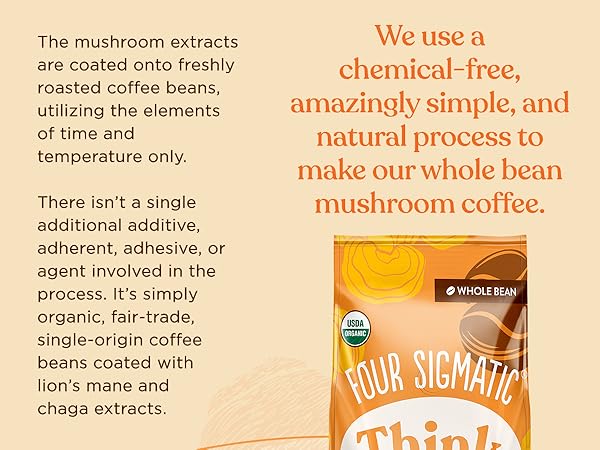 No additives, just fair trade single origin coffee beans coated with lions mane and chaga extracts