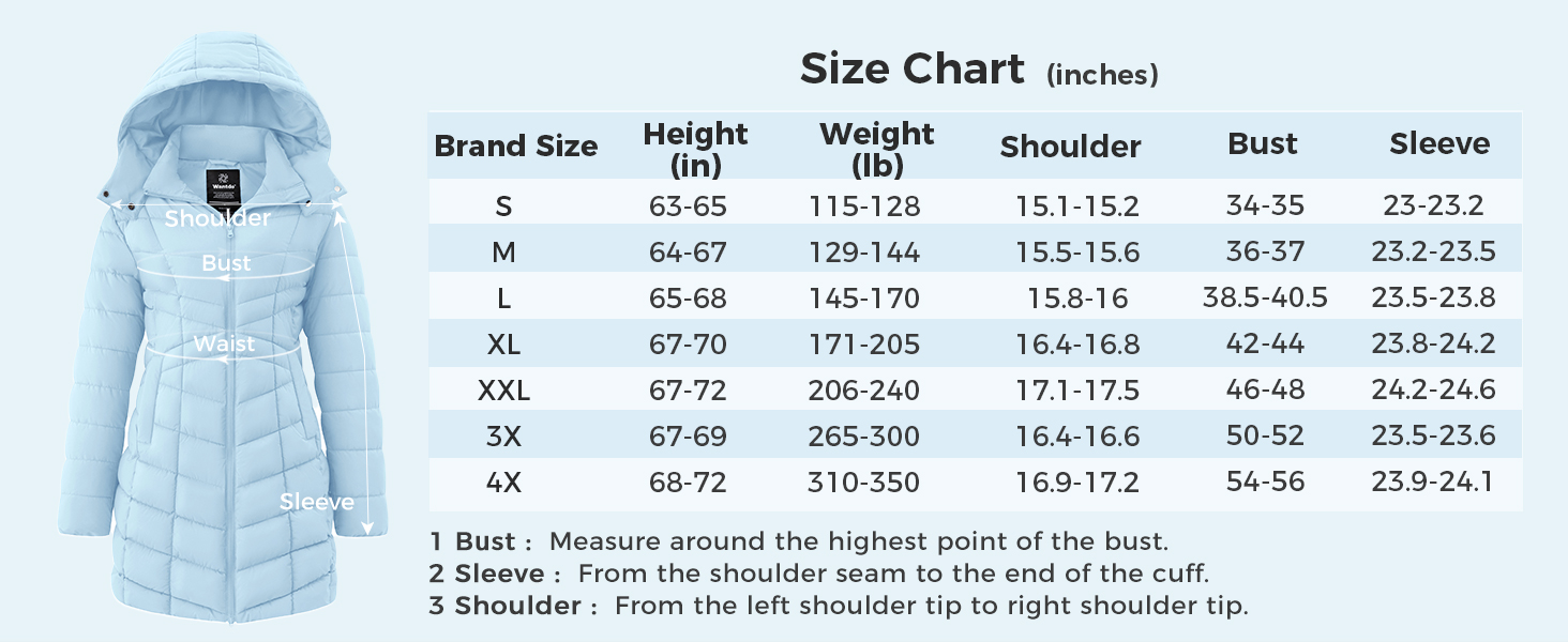 Long Puffer Jacket Acadia 40 size chart