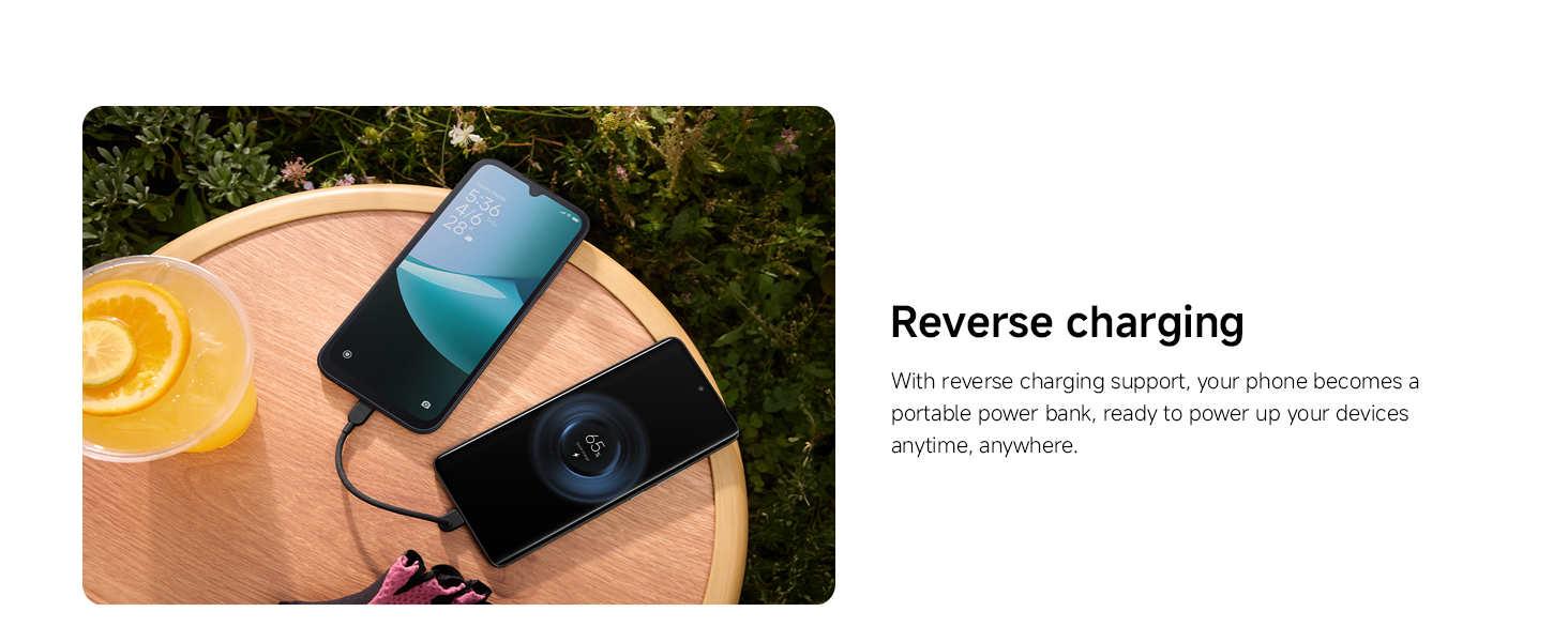 Text reads 'Reverse charging'. Smartphone being used to charge another device, demonstrating power bank functionality.