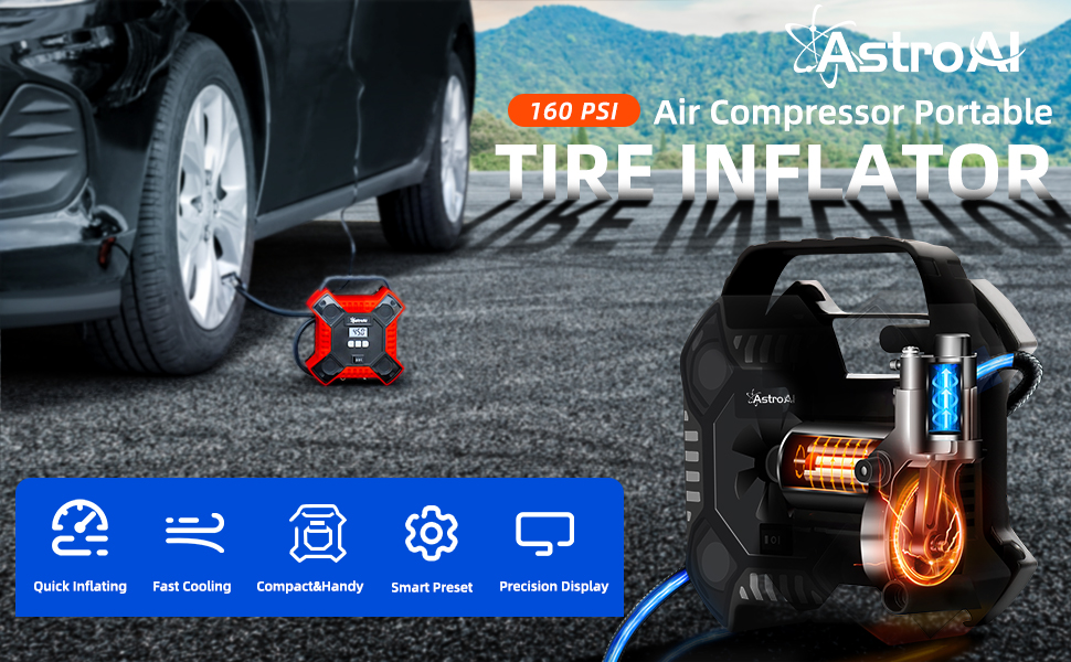 AstroAI 160 PSI, 12V DC Portable Air Compressor With LED Light, Tire Inflators,Canadian Tire Air