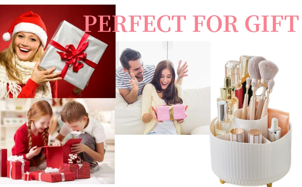 Collage of gift-related images: wrapped presents, people opening gifts, and a container of craft supplies, suggesting various gift ideas.