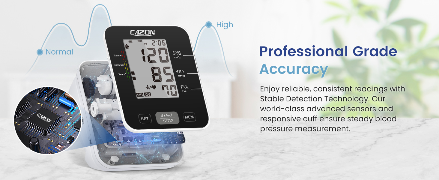 Digital blood pressure monitor with large LCD display showing systolic and diastolic readings. Features professional-grade accuracy and stable detection technology.