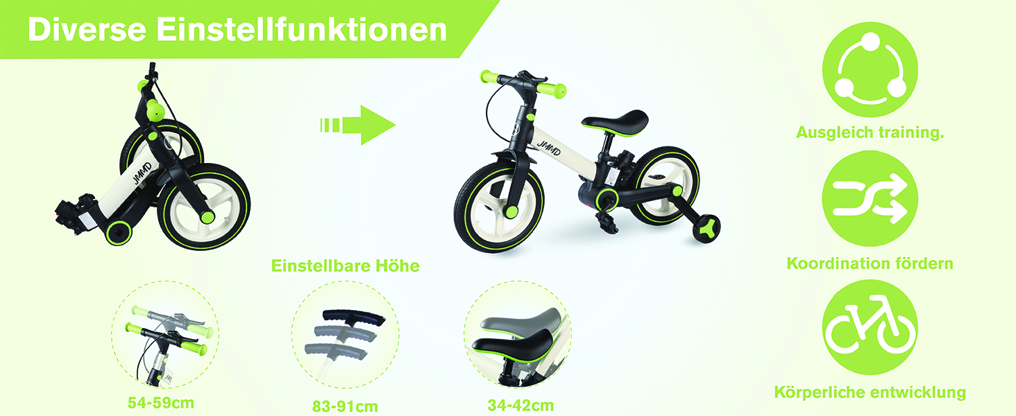 Infografik, die mehrere Konfigurationen eines Cabrio-Kinderfahrrads zeigt, mit Symbolen, die auf verschiedene Einstellfunktionen und Fahrpositionen hinweisen
