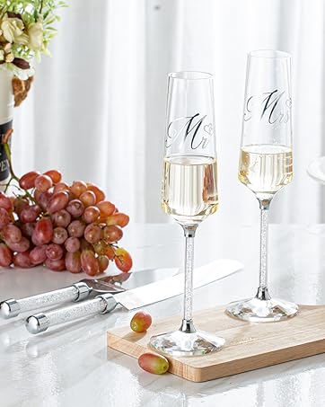 mr and mrs champagne flutes and cake cutting set for wedding
