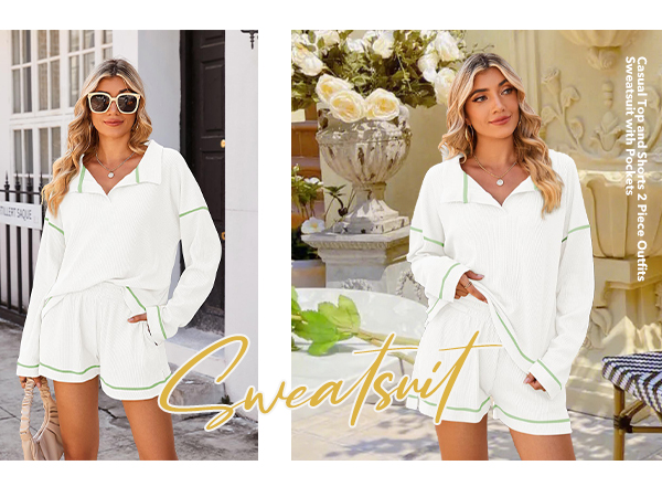 Women's Oversized Long Sleeve Waffle Knit Lounge Sets Polo V