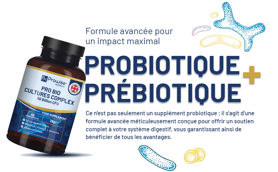 Flacon de supplément probiotique et prébiotique contenant 30 milliards d'UFC. Comprend des illustrations bleues et jaunes sur les bactéries et des informations sur les produits en français.