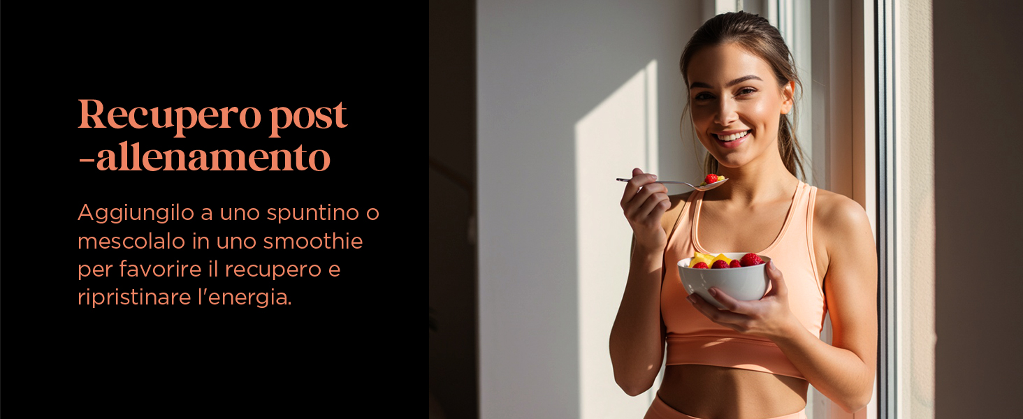 Immagine promozionale relativa al fitness che mostra un frullato o una bevanda proteica, con testo in italiano