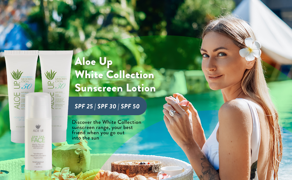 White Collection Lotions with a woman on a luxury pool with a floating food tray