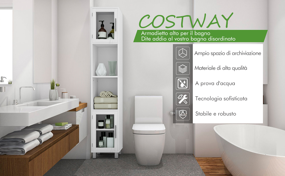 COSTWAY Mobile Da Bagno Alto, Armadio Da Terra Con 2 Ripiani Aperti E 1 Ripiano Regolabile, Ante In Vetro Temprato, Armadio Multifunzionale Per Bagno Soggiorno Cucina, 33x30x180cm 13 2