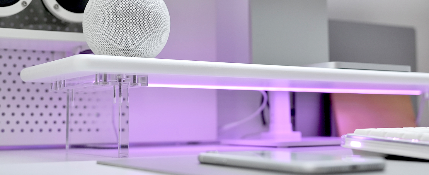 Bamboo Monitor Stand Riser in White with RGB Light