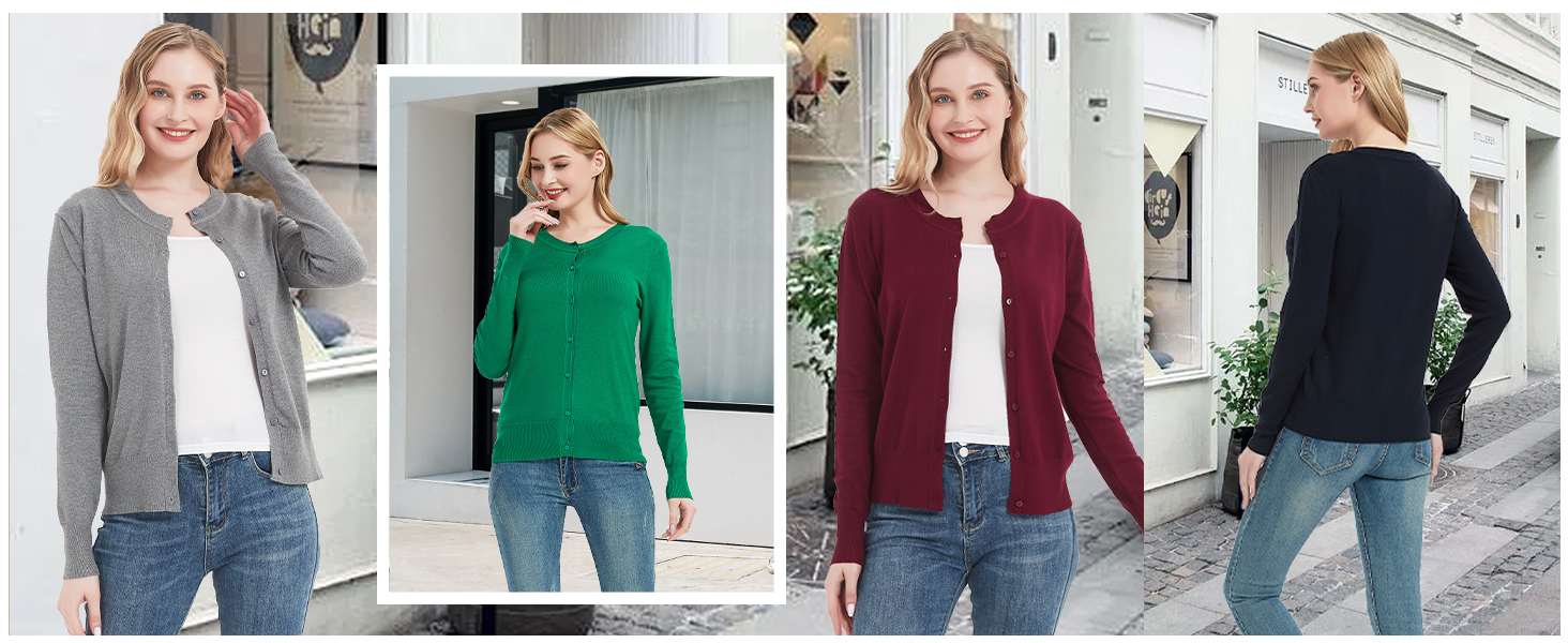 Women's Solid Color Crew Neck Cardigan Sweater