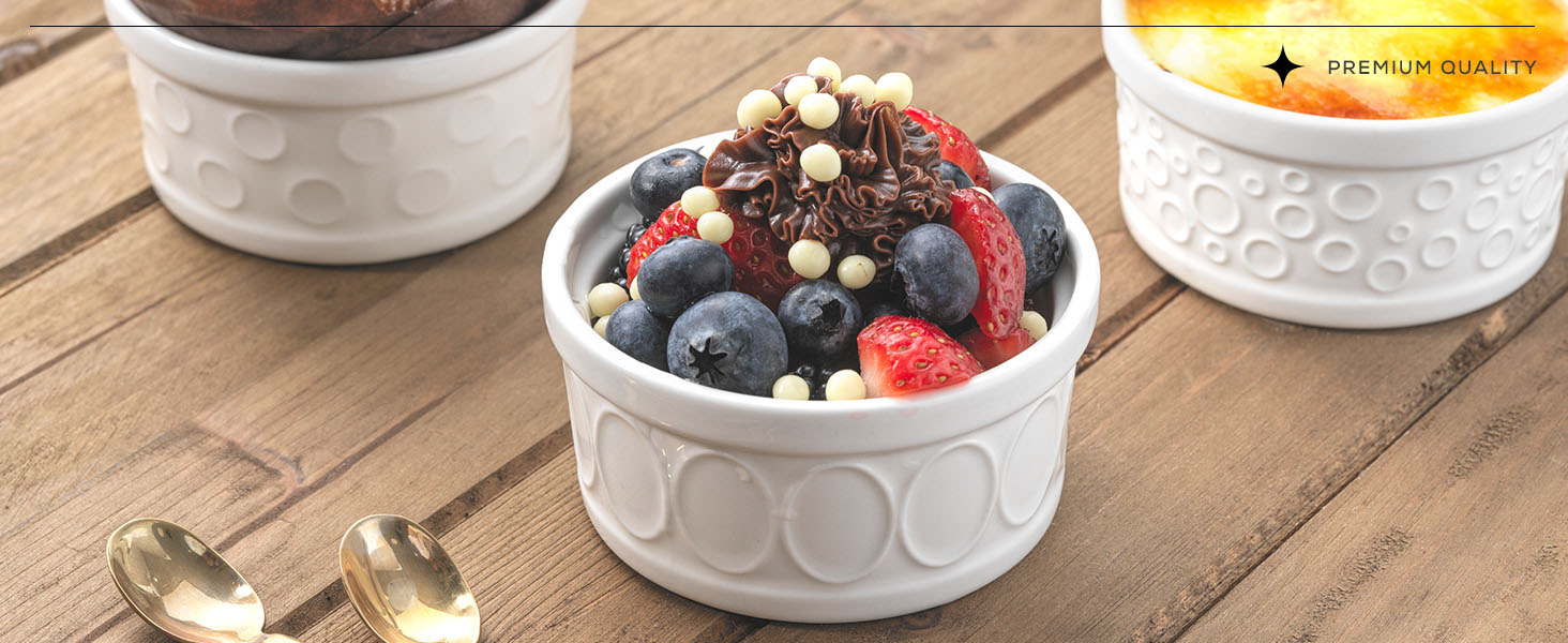 JoyJolt Small Ramekins 6 oz Oven Safe Bowls. White Embossed