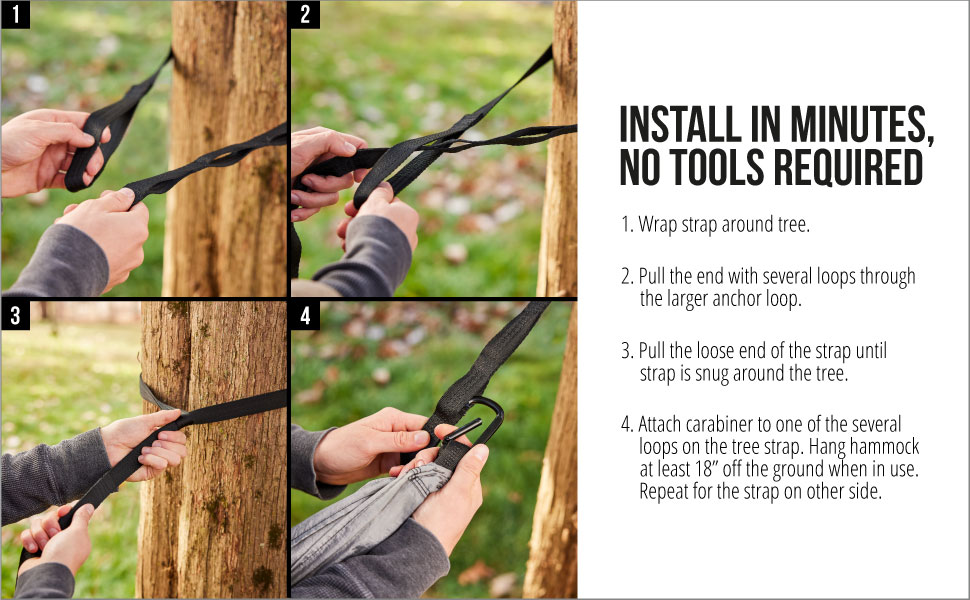easy install, tree friendly straps and carabiners