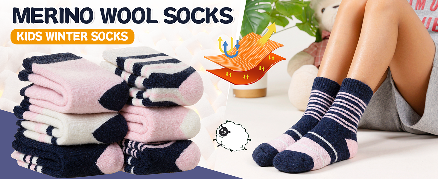 Kids Merino Wool Socks Boys Girls Thermal Winter Hiking Warm Thick Boot Cozy Toddler Crew Socks