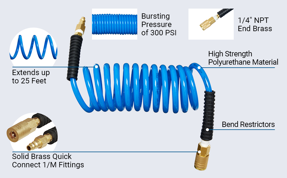 DEWENWILS 1/4 in x 25ft Polyurethane Recoil Air Hose with