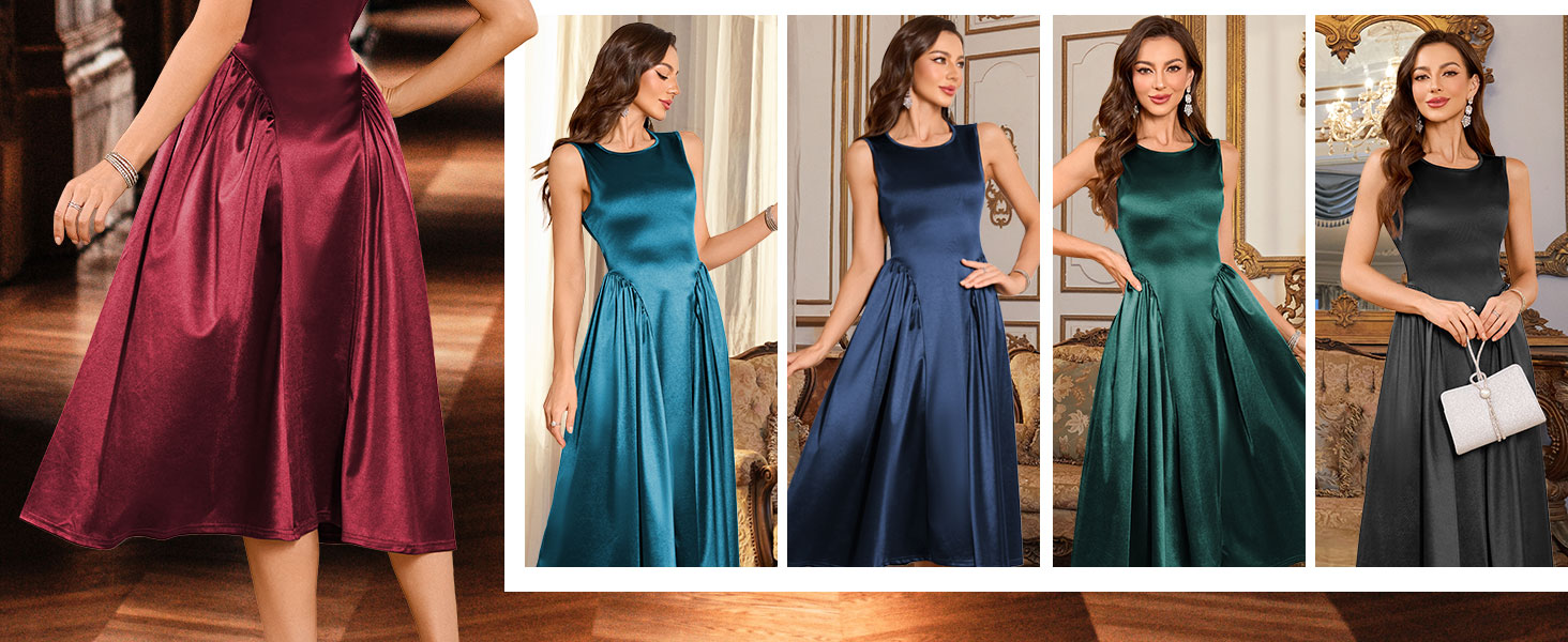 Womens Formal Wedding Guest Dress Satin A Line Cocktail Club Party Dress