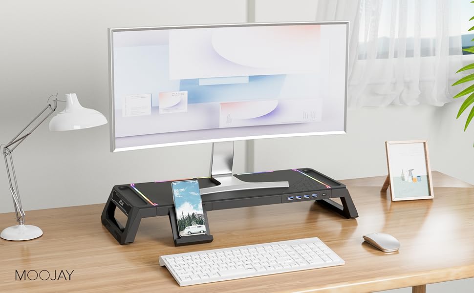 MOOJAY Monitor Stand for Desk RGB Gaming Lights with 4 USB 3.0 Hub