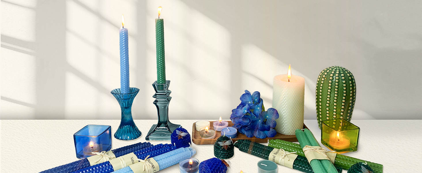 beeswax taper candles green, blue in different shades