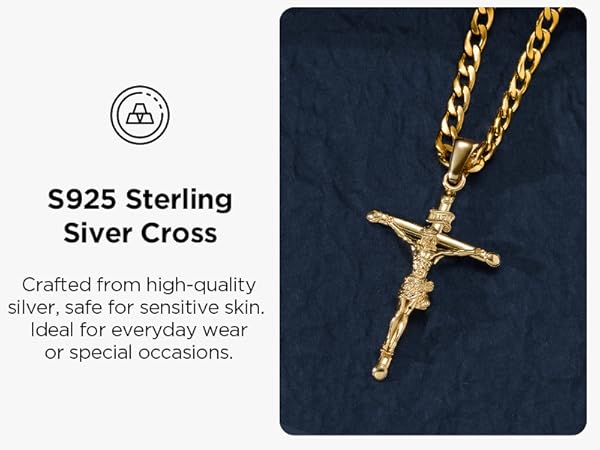 NORBU 18K Gold over S925 Crucifix Necklace for Men with