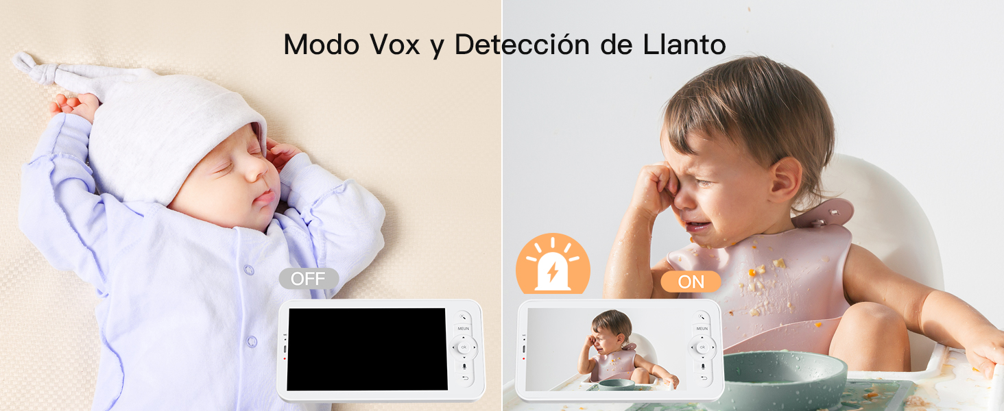 Tela do monitor de bebê mostrando bebês e crianças pequenas dormindo na banheira. O texto "Modo Vox e Detecção de Choro" indica as funções de detecção de voz e choro.