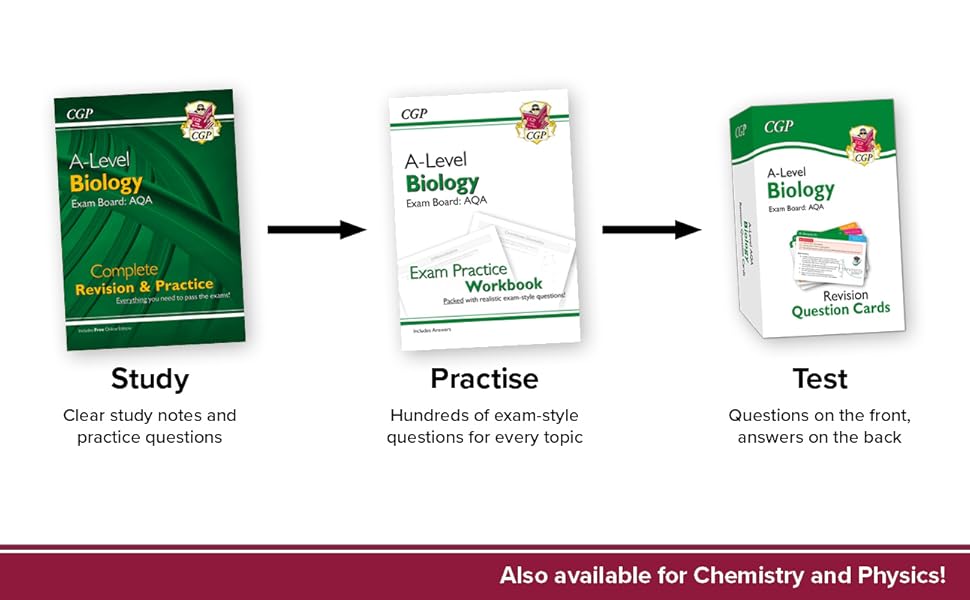 A-Level Biology AQA Revision Question Cards: for the 2025 and 2026 exams (CGP AQA A-Level Biology) 15 Products and text showing complete revision and practice book, workbook, and revision cards