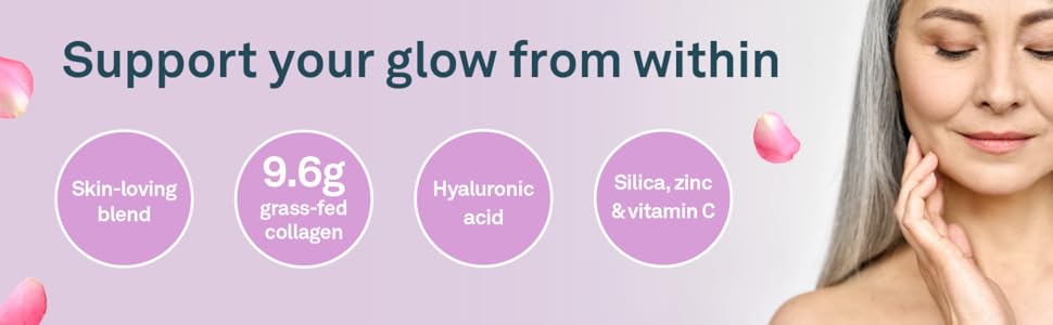 Support your glow from within. Skin loving blend. 9.6g of grass-fed collagen. Hyaluronic acid