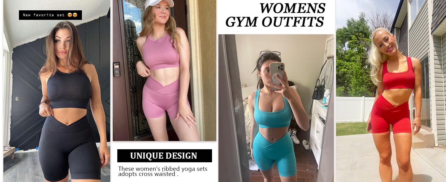 JZC Workout Sets for Women 2 Piece Ribbed Seamless High Waist Shorts Yoga Outfits