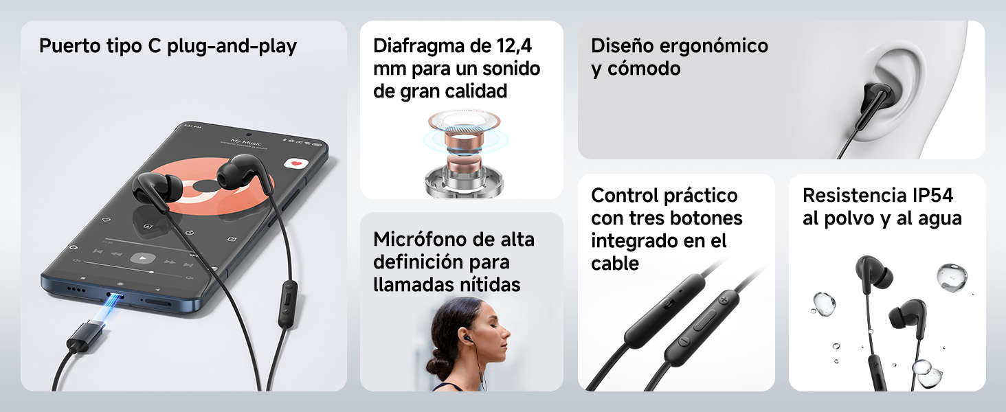 El texto en español describe las características de los auriculares inalámbricos. Diagrama del producto que muestra los auriculares con las especificaciones e instrucciones de uso etiquetadas.
