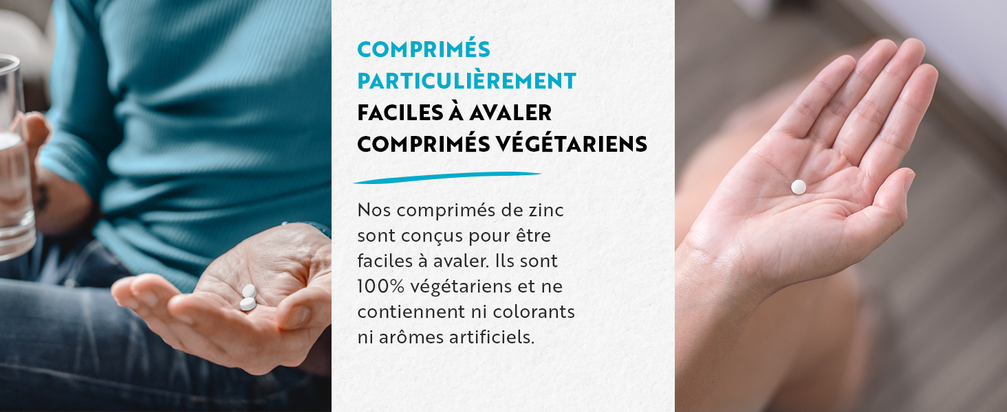 : La gauche montre des mains tenant des pilules. La droite montre une paume ouverte. Le texte décrit les comprimés de zinc végétariens faciles à avaler.