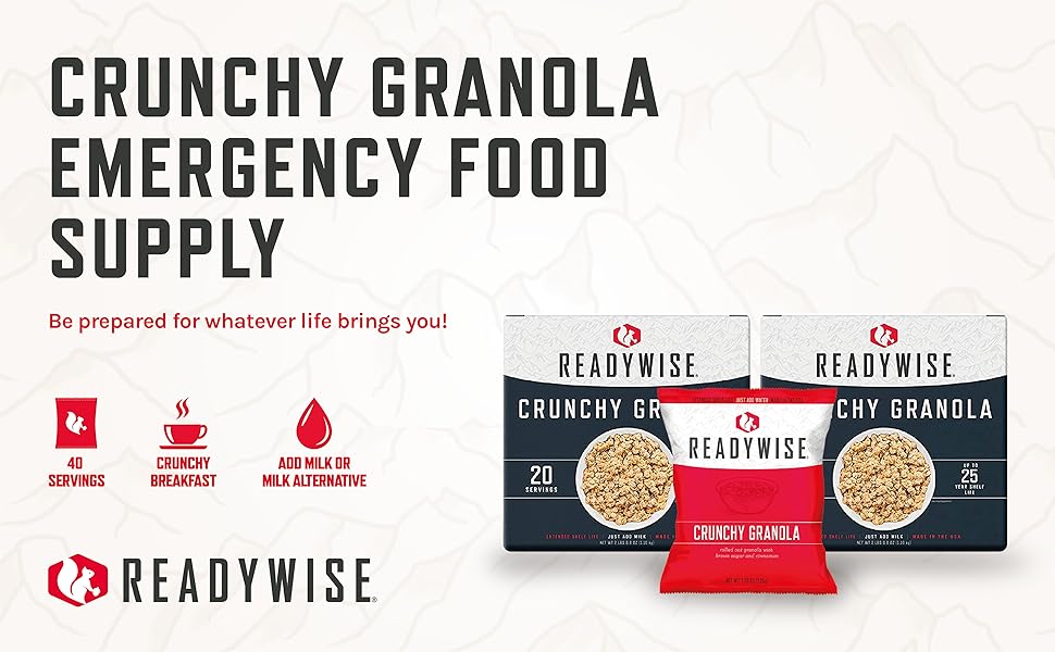 Two boxes and a bag of crunchy granola sitting next to each other. Text reads: Servings.”