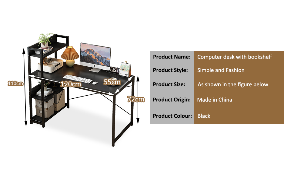 Computer Study Table with 4Tier Shelves，Modern Home Desk