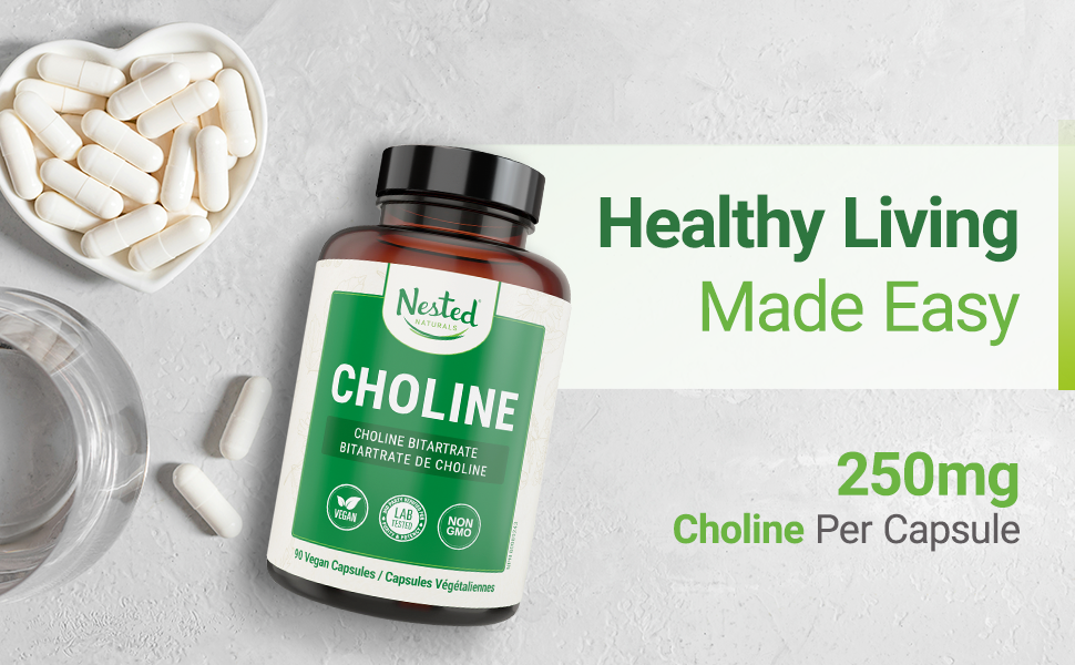 Nested Naturals Choline Bitartrate 500mg High Potency Choline Supplements Supports Cognitive